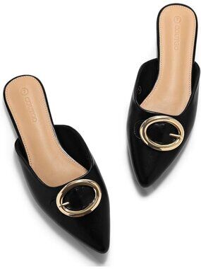 Women's Black Leather Flats Mules Metal Closed Pointed Toe Slip On Dress Shoes